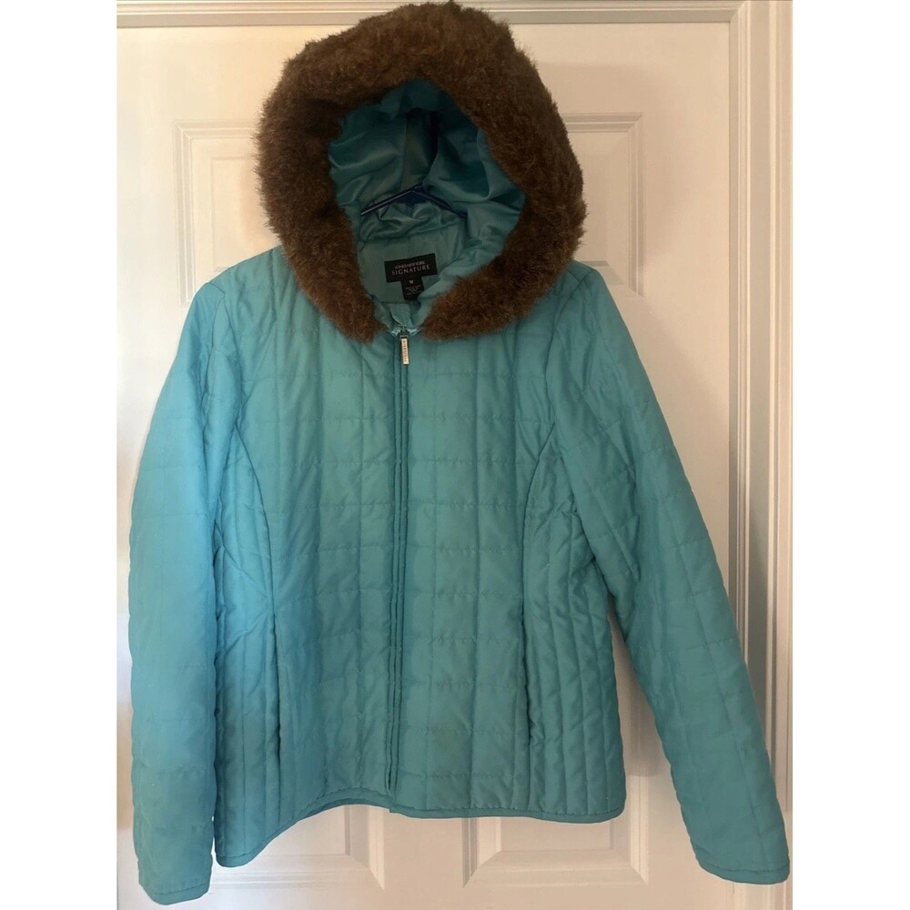 Jones New York Signature Teal Blue Hooded Puffer Coat Faux Fur Trim Full Zip
